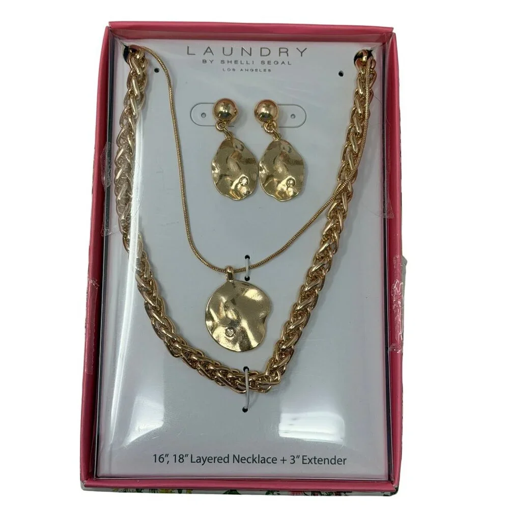 Vtg Gold Tone Rhinestone Pendant Layered Necklaces &‎ Earrings Set Shelli Segal